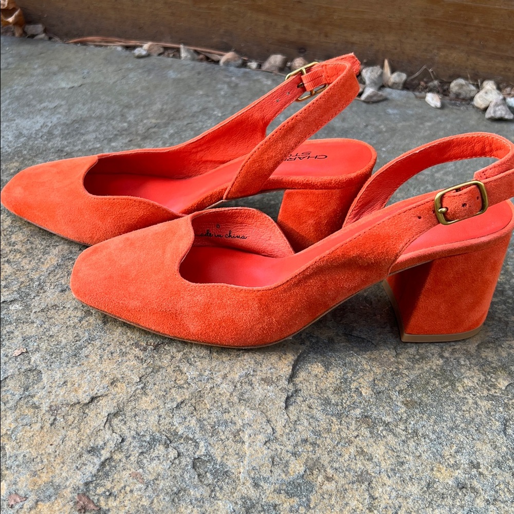 Charlotte Stone Bright Orange Suede Square-Toe Slingbacks - Picture 2 of 6
